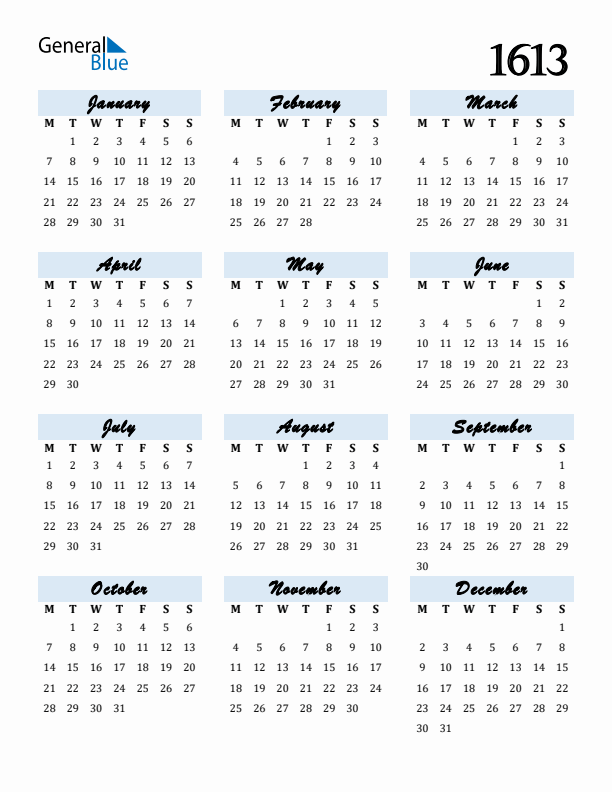 Calendar 1613 Free Download and Print