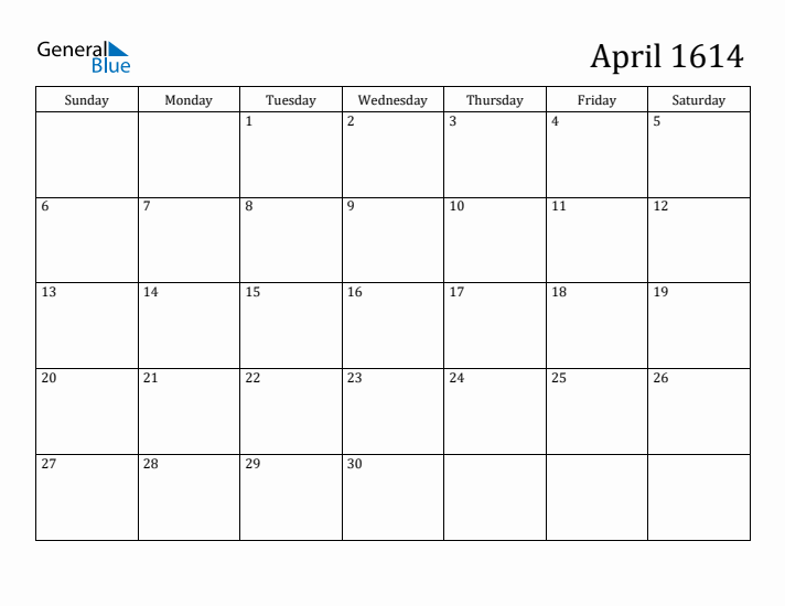 April 1614 Calendar