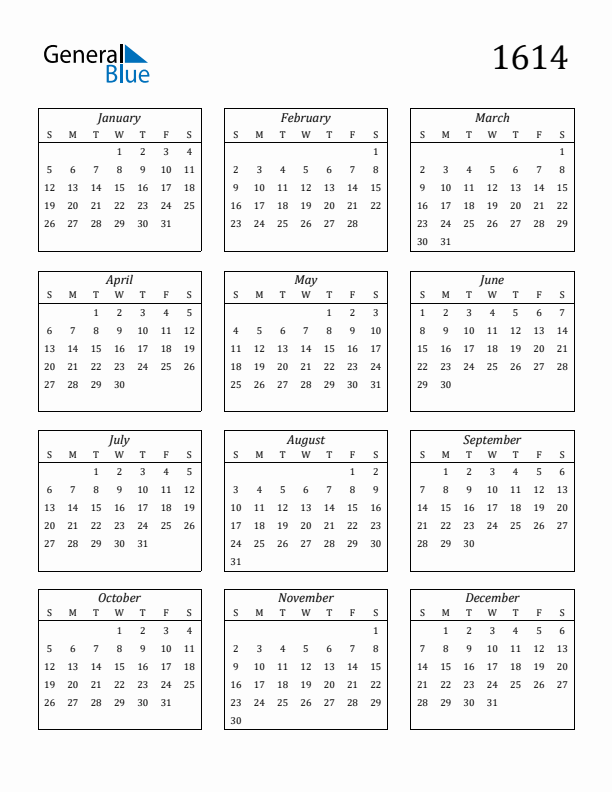 Blank Calendar 1614