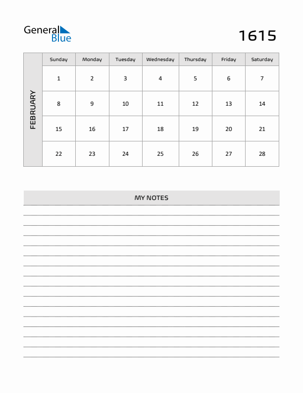 February 1615 Calendar Printable