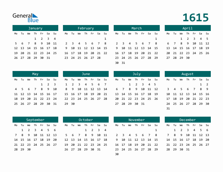 Downloadable 1615 Calendar