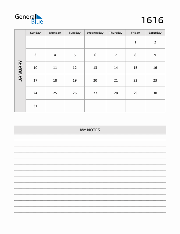 January 1616 Calendar Printable