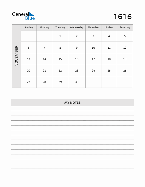 November 1616 Calendar Printable