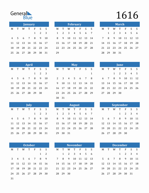 1616 Calendar