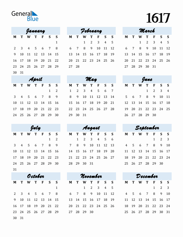 Calendar 1617 Free Download and Print