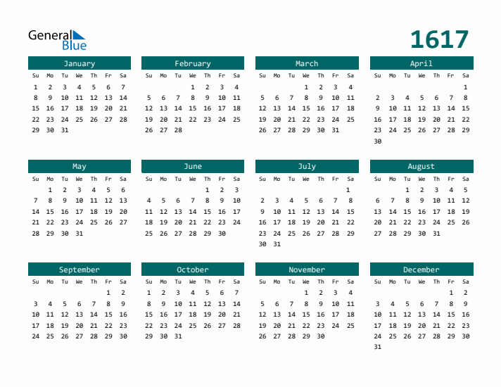 Downloadable 1617 Calendar