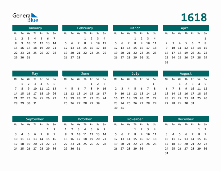 Downloadable 1618 Calendar