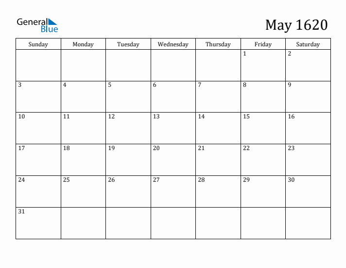 May 1620 Calendar