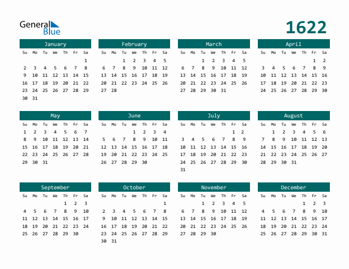 Downloadable 1622 Calendar