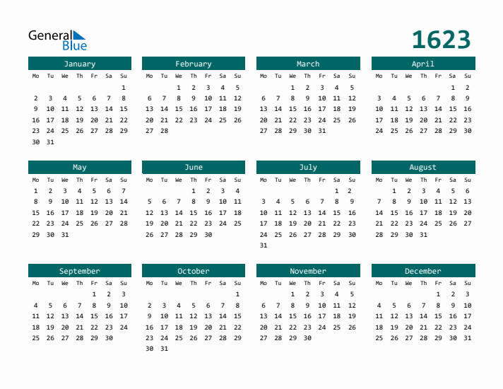 Downloadable 1623 Calendar