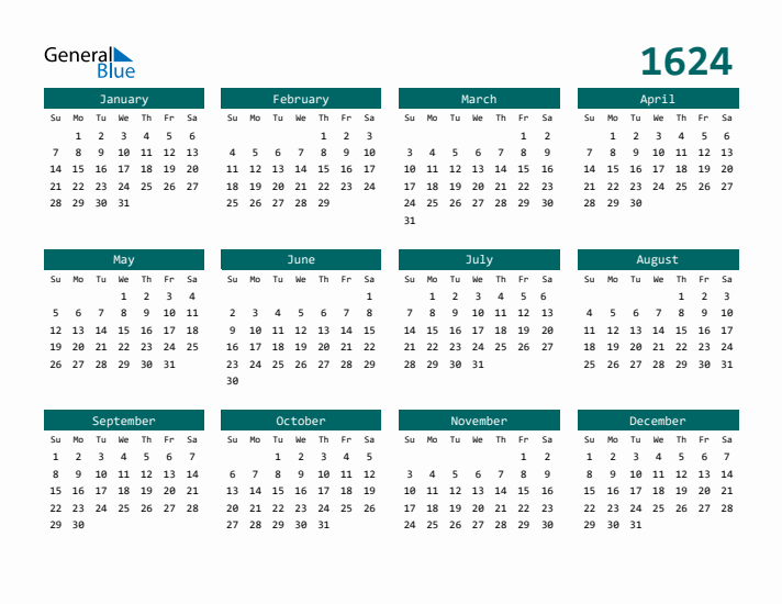 Downloadable 1624 Calendar