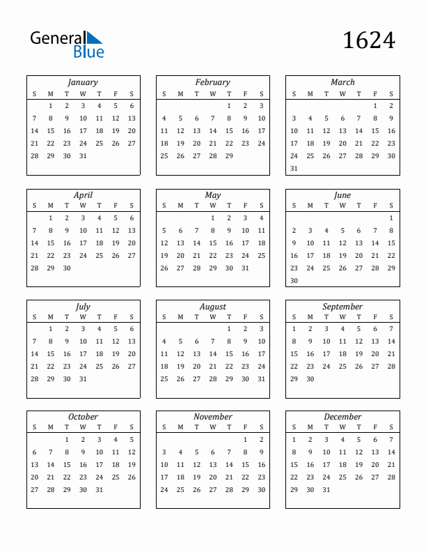 Blank Calendar 1624