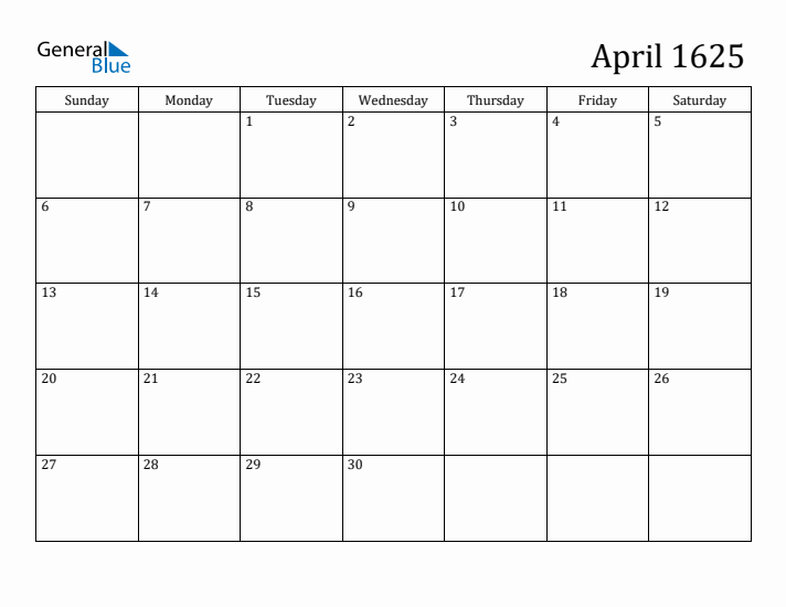 April 1625 Calendar