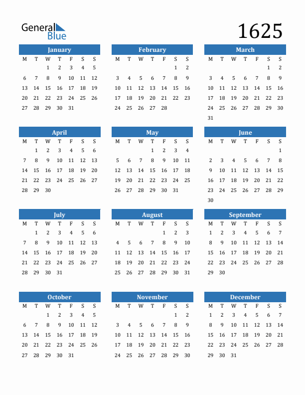 1625 Calendar