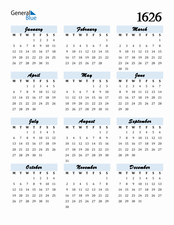 Calendar 1626 Free Download and Print