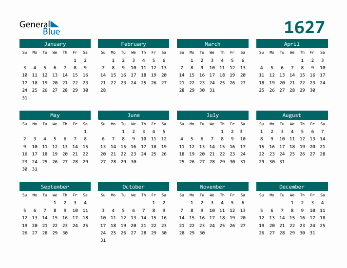 Downloadable 1627 Calendar