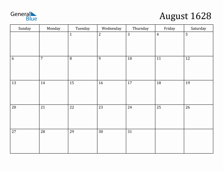 August 1628 Calendar