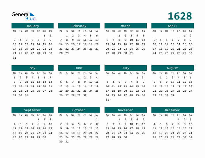 Downloadable 1628 Calendar