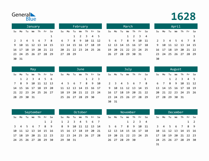 Downloadable 1628 Calendar