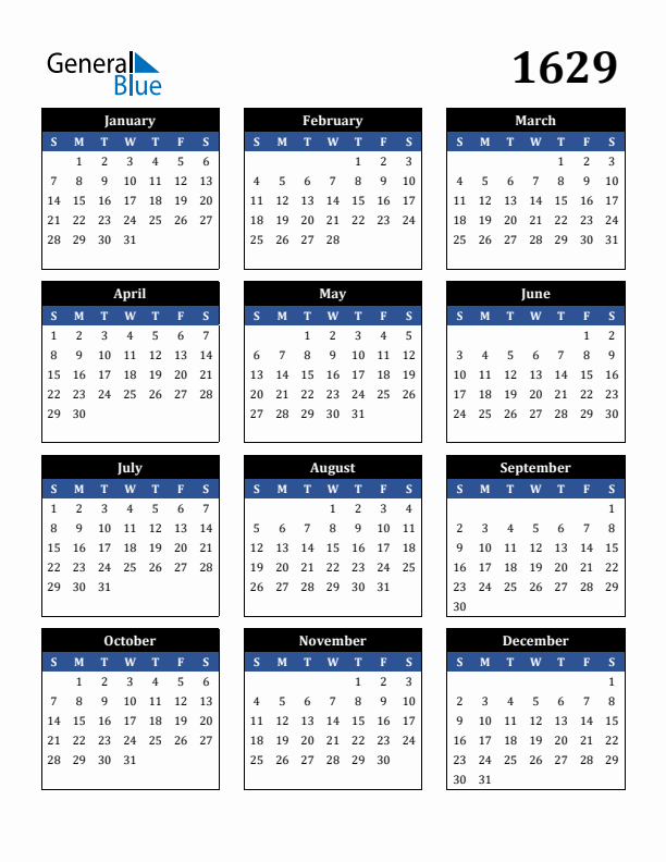 Editable Calendar 1629 - Sunday Start