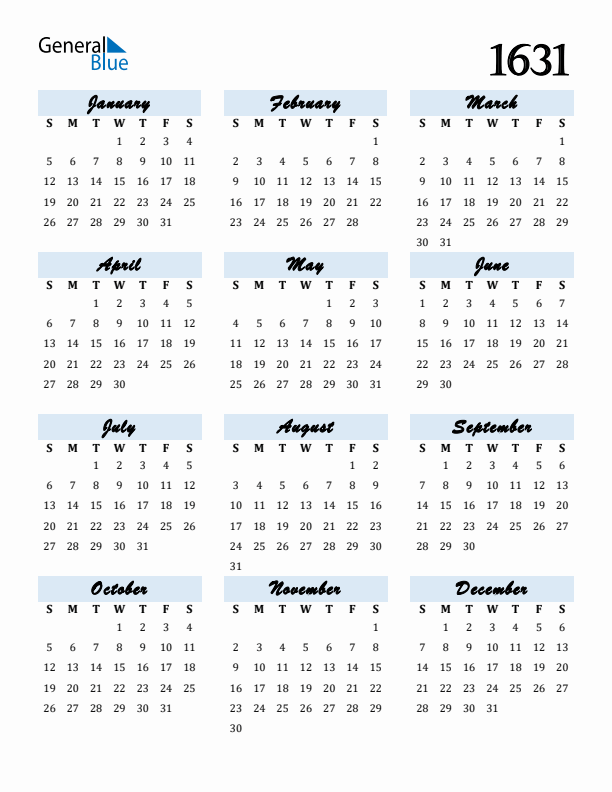 Calendar 1631 Free Download and Print