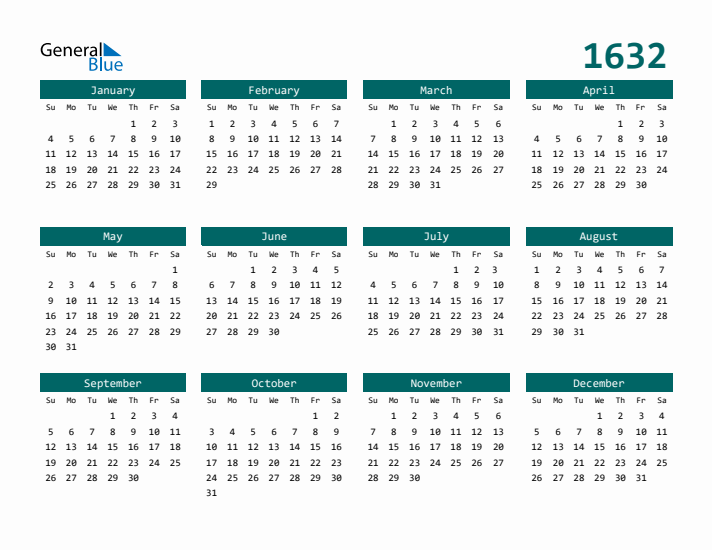 Downloadable 1632 Calendar