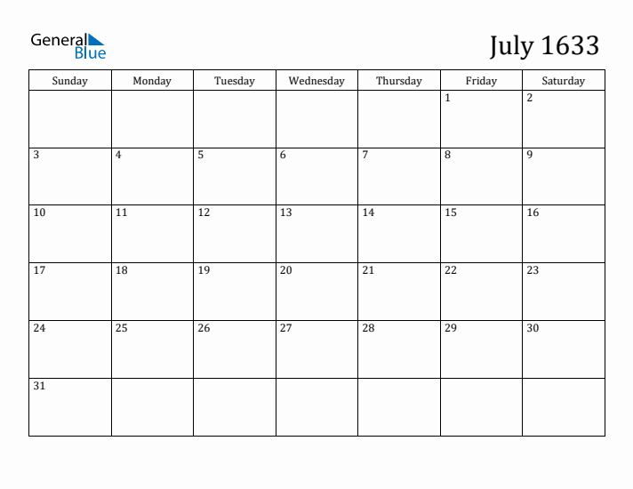 July 1633 Calendar