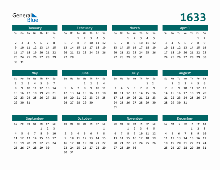 Downloadable 1633 Calendar