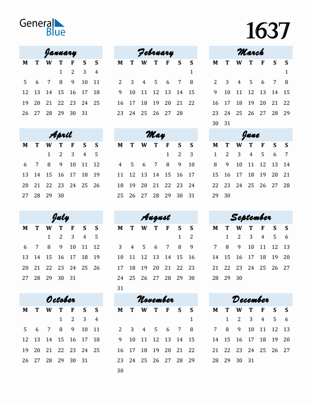 Calendar 1637 Free Download and Print