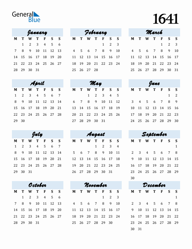 Calendar 1641 Free Download and Print