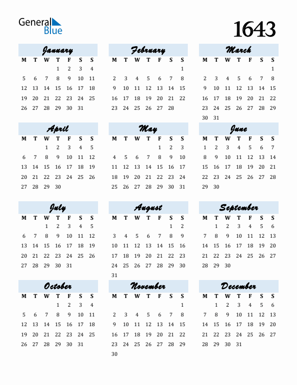 Calendar 1643 Free Download and Print