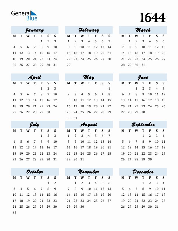 Calendar 1644 Free Download and Print