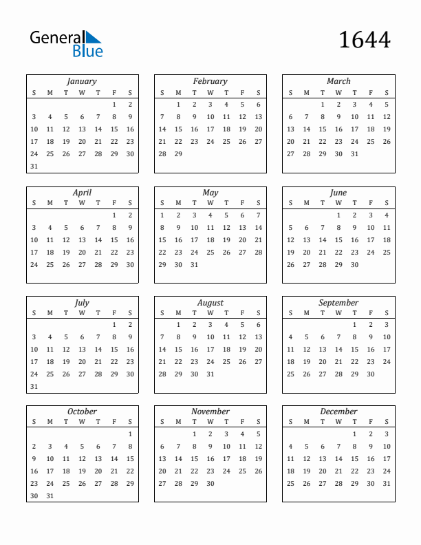 Blank Calendar 1644