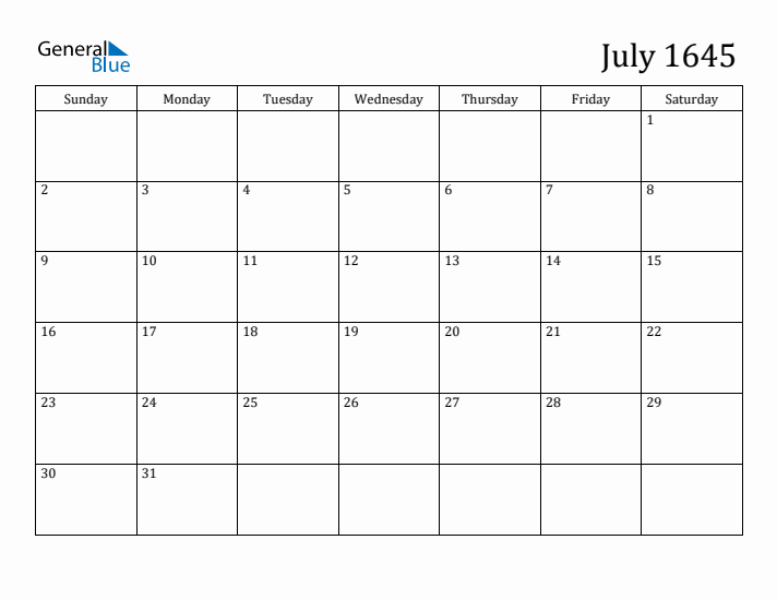 July 1645 Calendar