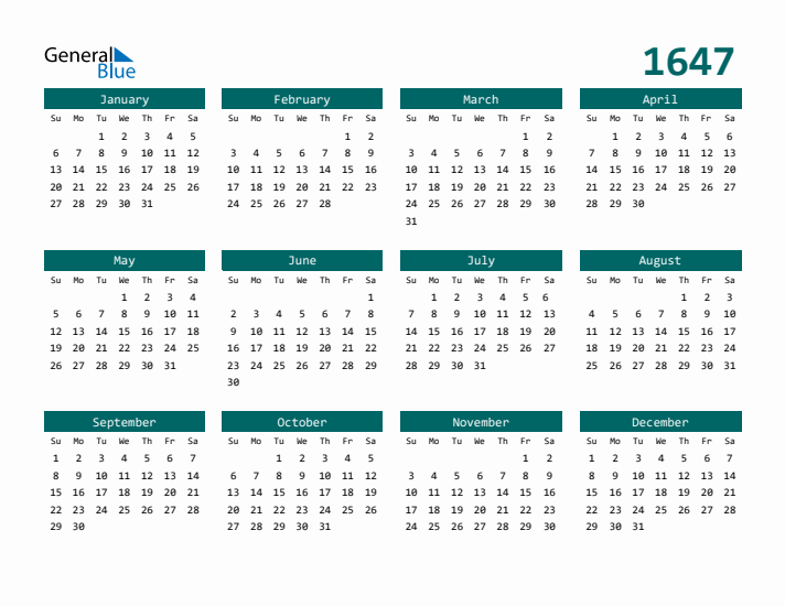 Downloadable 1647 Calendar