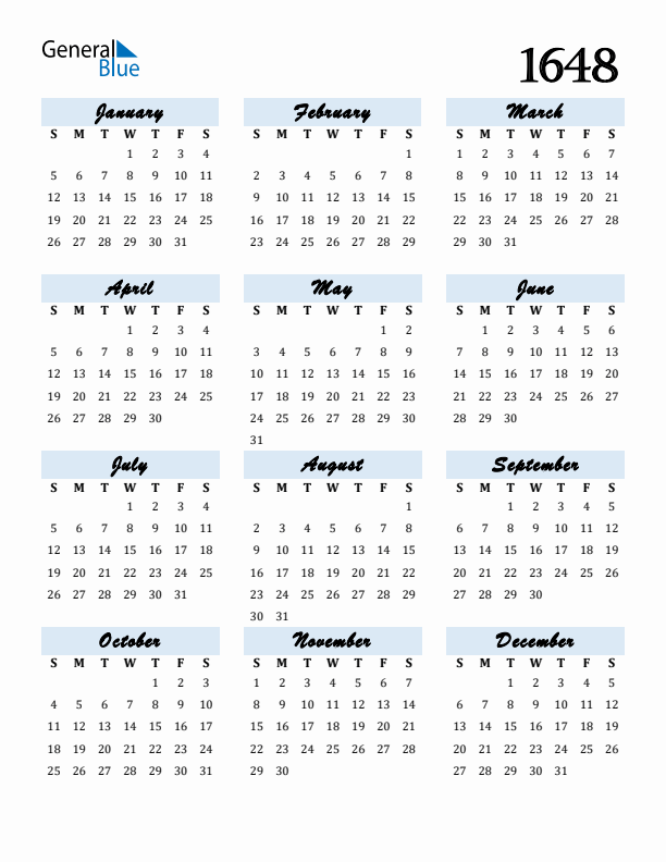 Calendar 1648 Free Download and Print