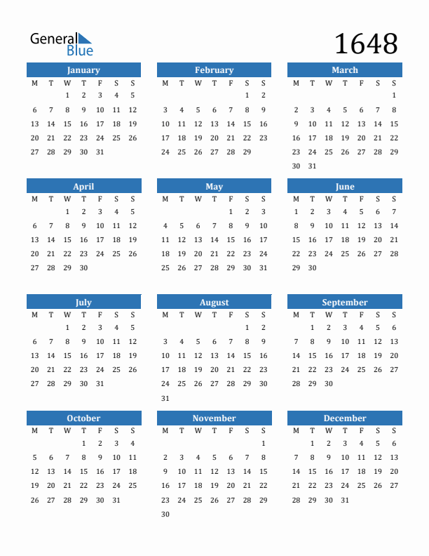 1648 Calendar