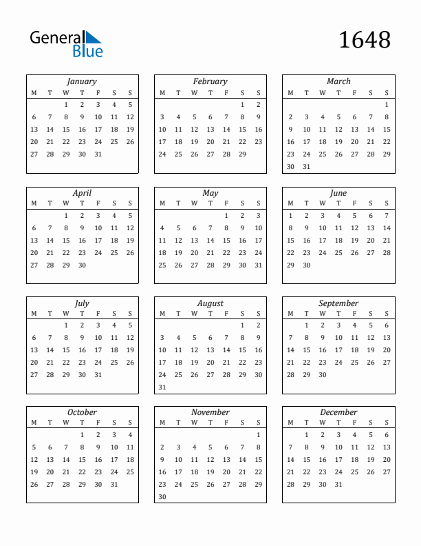 Blank Calendar 1648