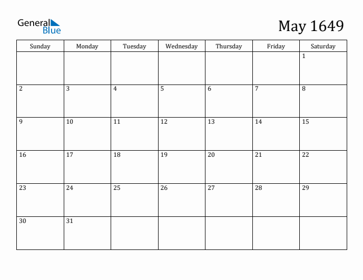 May 1649 Calendar