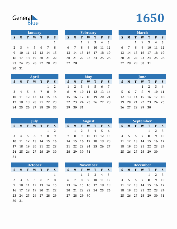 1650 Year Calendar with Sunday Start