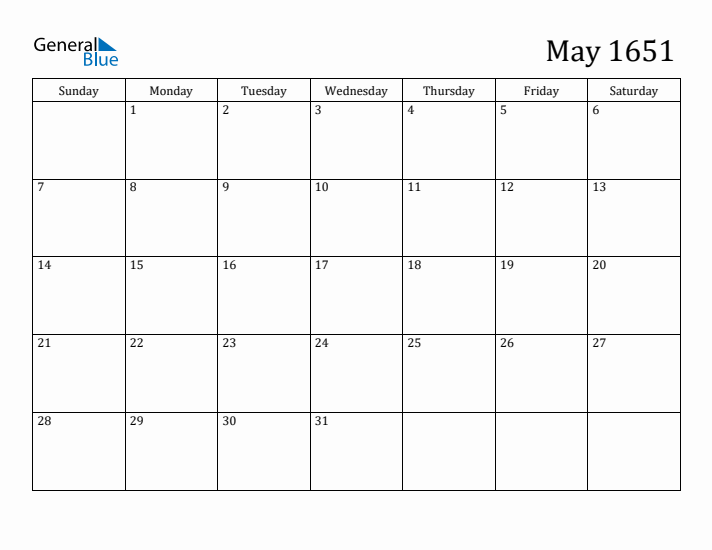 May 1651 Calendar