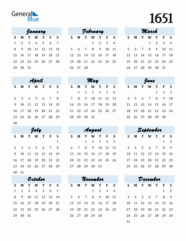 Calendar 1651 Free Download and Print