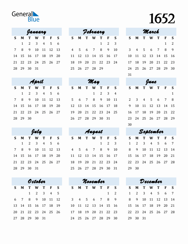 Calendar 1652 Free Download and Print