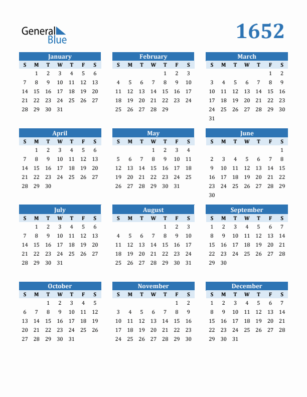 1652 Year Calendar with Sunday Start