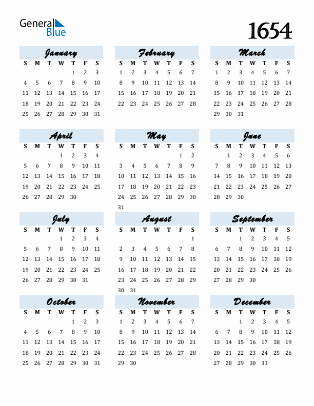 Calendar 1654 Free Download and Print