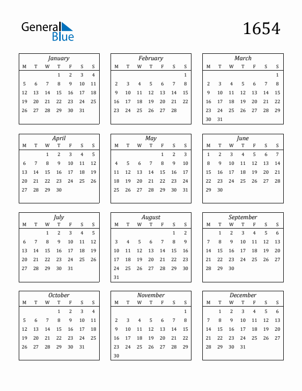 Blank Calendar 1654