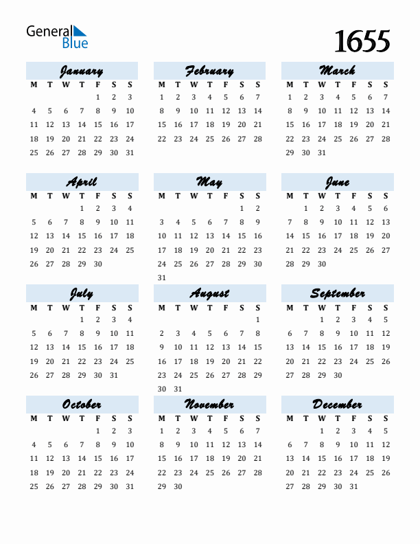 Calendar 1655 Free Download and Print