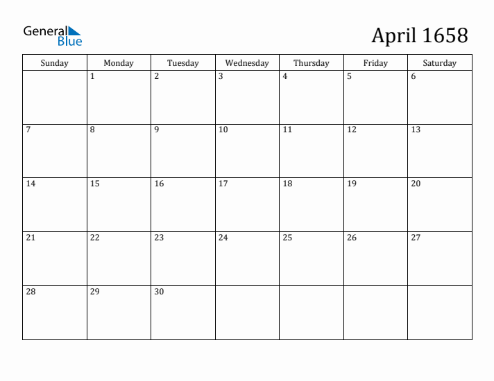 April 1658 Calendar