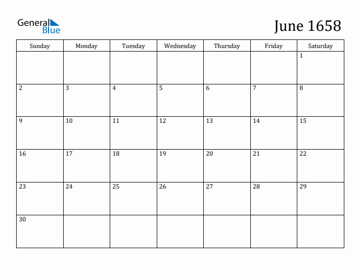 June 1658 Calendar