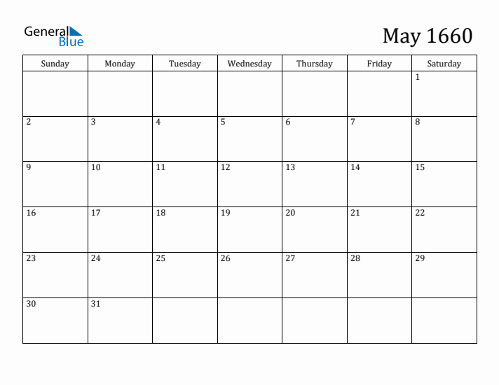 May 1660 Calendar